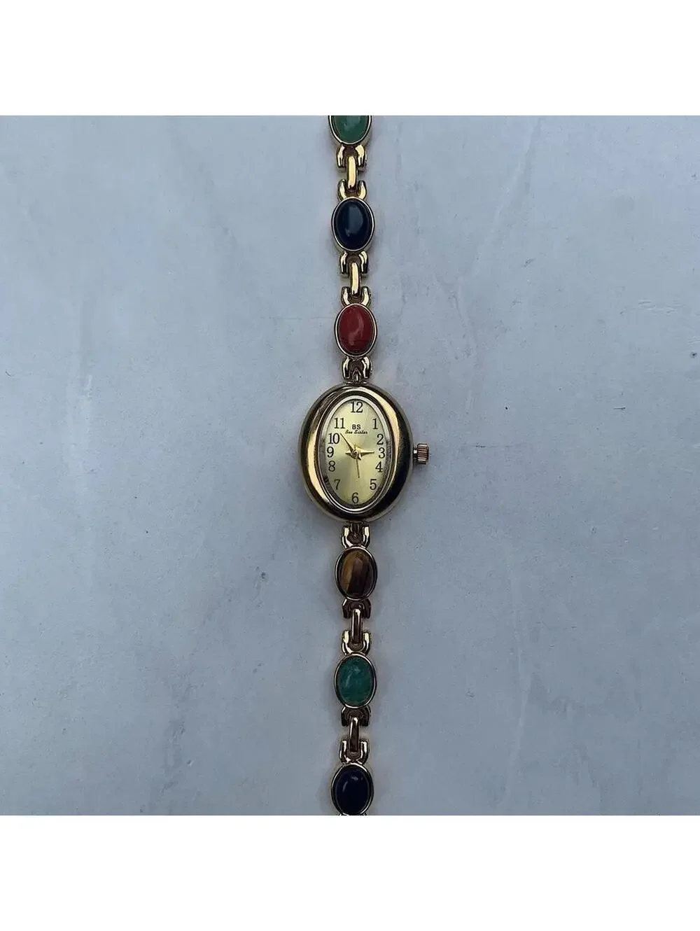 Indie Boho Gold style tone quartz watch with glass multicolored jade stone opal